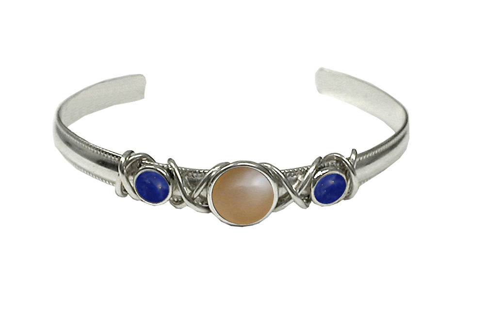 Sterling Silver Hand Made Cuff Bracelet With Peach Moonstone And Lapis Lazuli